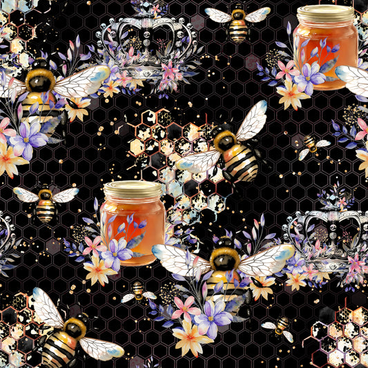Royal Honeybees on Black Waterproof Oxford
