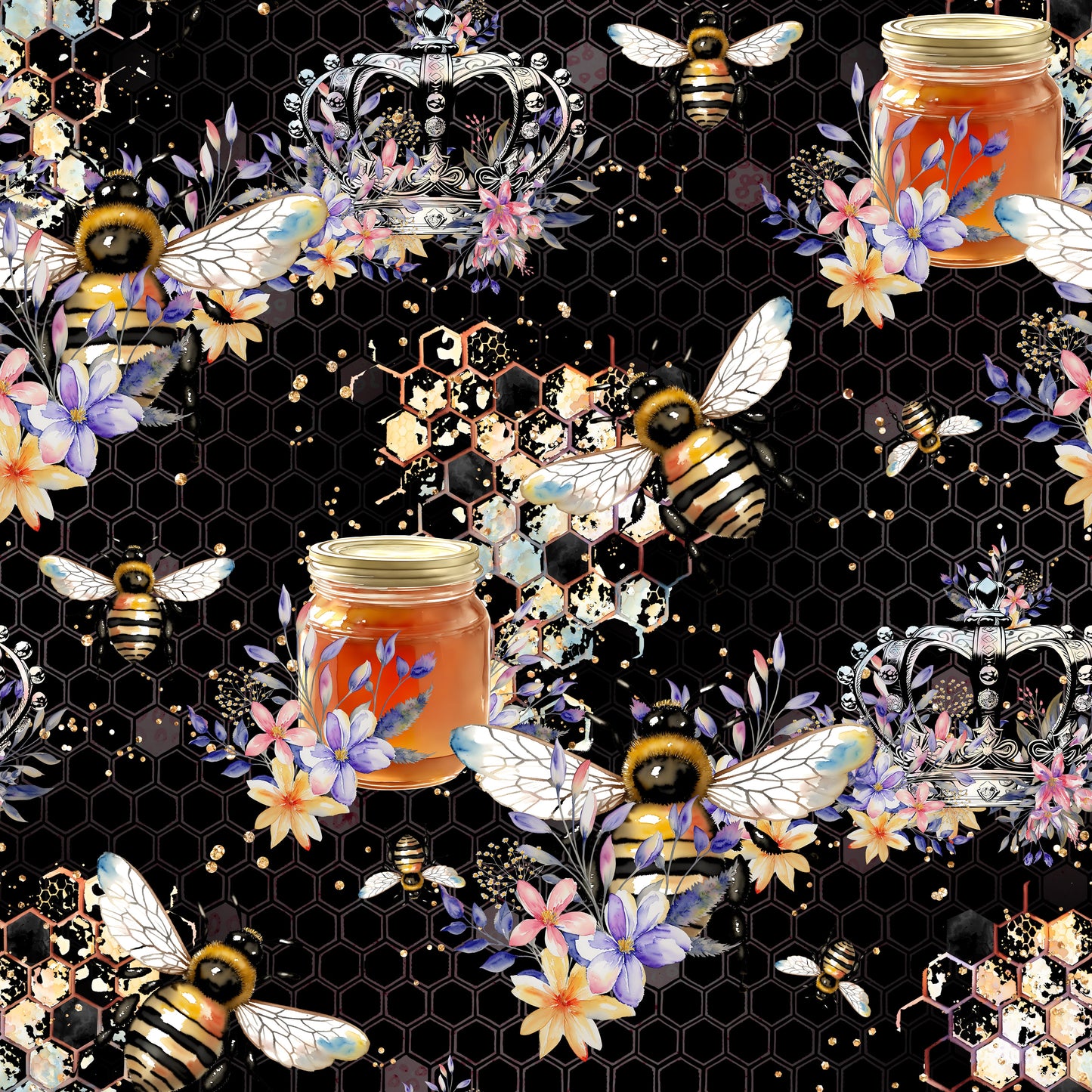 Royal Honeybees on Black Interlock